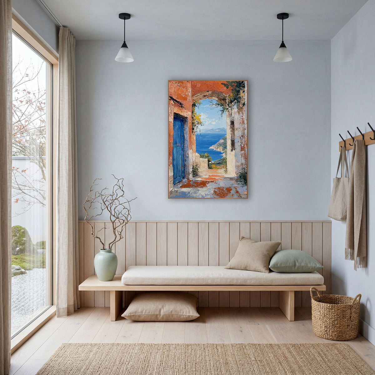 Blue Door Seaside Archway Coastal wall art in a bright coastal-style room – blue wooden door beside a stone archway