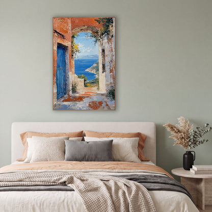 Blue Door Seaside Archway Coastal wall art in a bright coastal-style room – blue wooden door beside a stone archway
