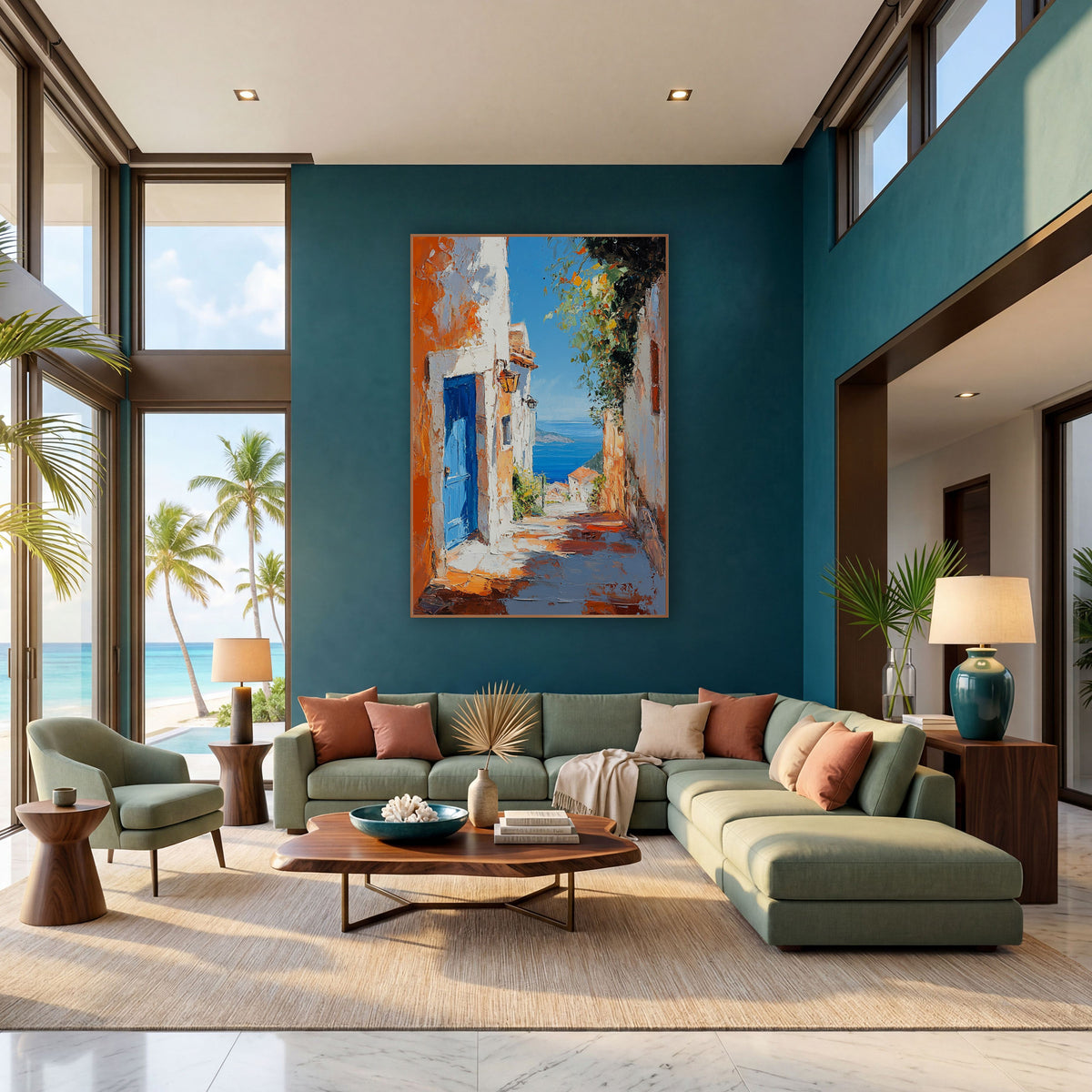 Blue Door Seaside Lane Mediterranean wall art in a bright coastal-style room – narrow seaside lane with a bright blue