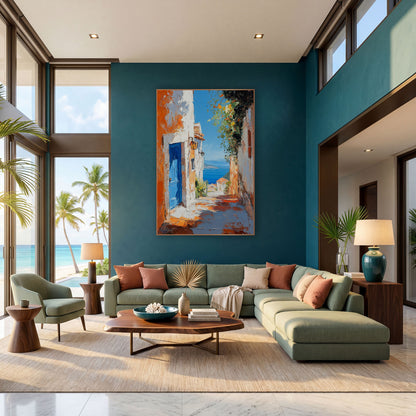 Blue Door Seaside Lane Mediterranean wall art in a bright coastal-style room – narrow seaside lane with a bright blue