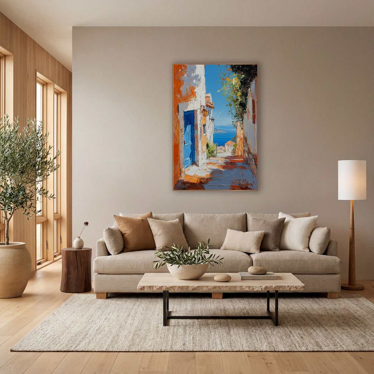 Blue Door Seaside Lane Mediterranean wall art in a bright coastal-style room – narrow seaside lane with a bright blue