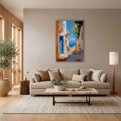 Blue Door Seaside Lane Mediterranean wall art in a bright coastal-style room – narrow seaside lane with a bright blue