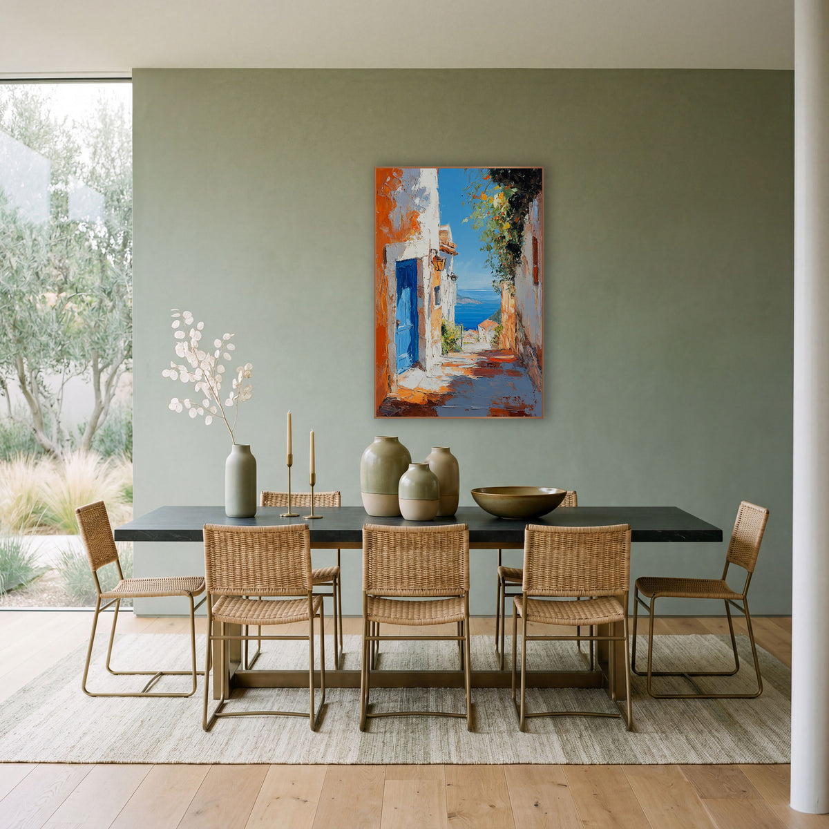 Blue Door Seaside Lane Mediterranean wall art in a bright coastal-style room – narrow seaside lane with a bright blue
