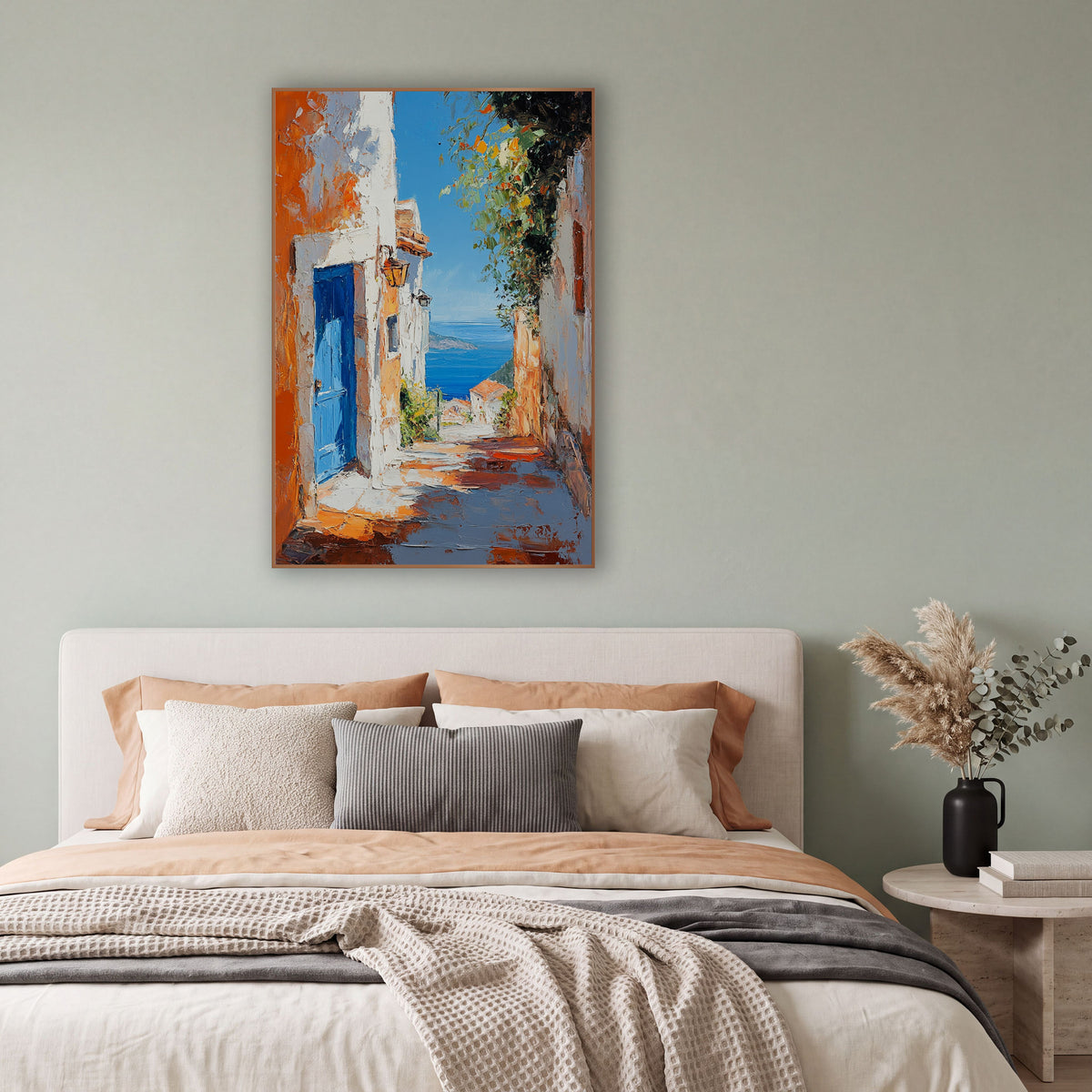 Blue Door Seaside Lane Mediterranean wall art in a bright coastal-style room – narrow seaside lane with a bright blue