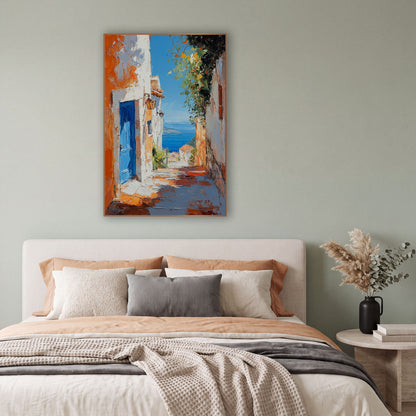Blue Door Seaside Lane Mediterranean wall art in a bright coastal-style room – narrow seaside lane with a bright blue