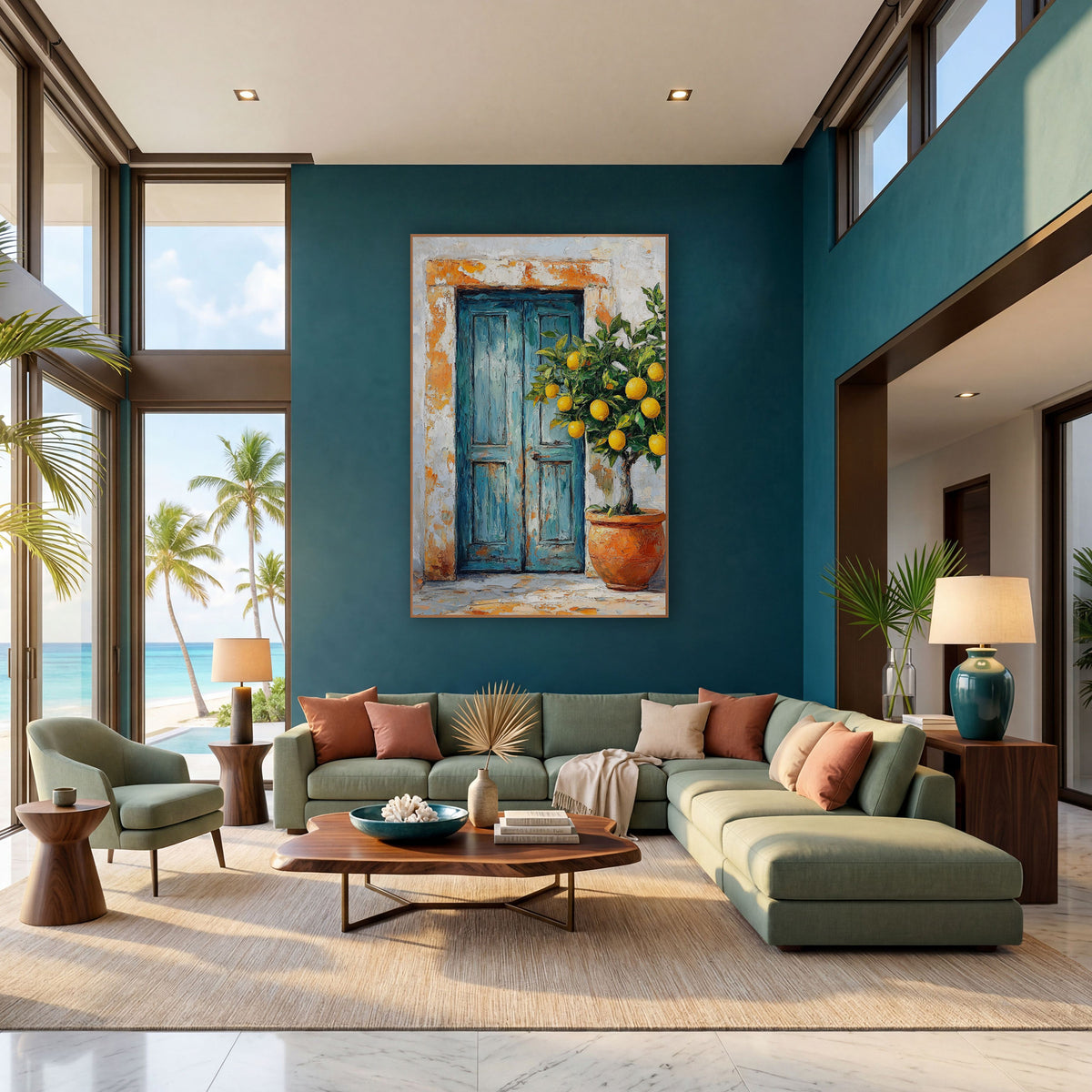Rectangular Blue Door Lemon Rustic wall art in a bright coastal-style room – weathered teal double door with orange