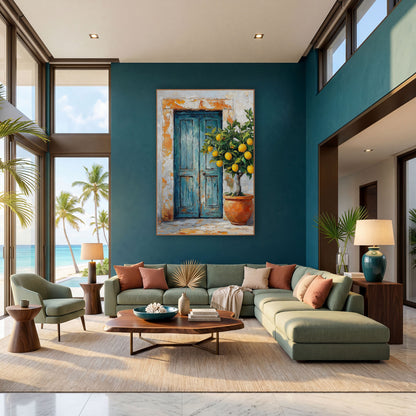Rectangular Blue Door Lemon Rustic wall art in a bright coastal-style room – weathered teal double door with orange