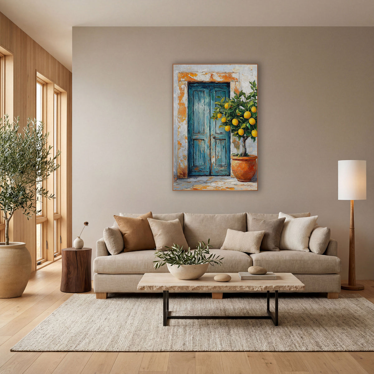 Rectangular Blue Door Lemon Rustic wall art in a bright coastal-style room – weathered teal double door with orange