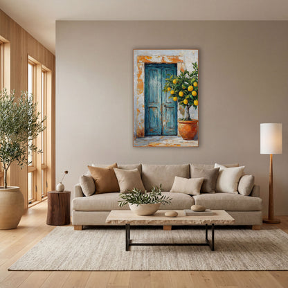 Rectangular Blue Door Lemon Rustic wall art in a bright coastal-style room – weathered teal double door with orange