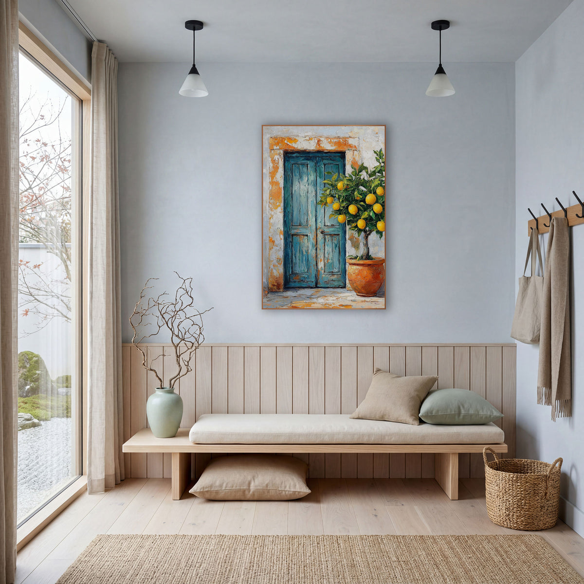 Rectangular Blue Door Lemon Rustic wall art in a bright coastal-style room – weathered teal double door with orange
