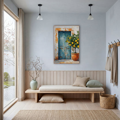 Rectangular Blue Door Lemon Rustic wall art in a bright coastal-style room – weathered teal double door with orange