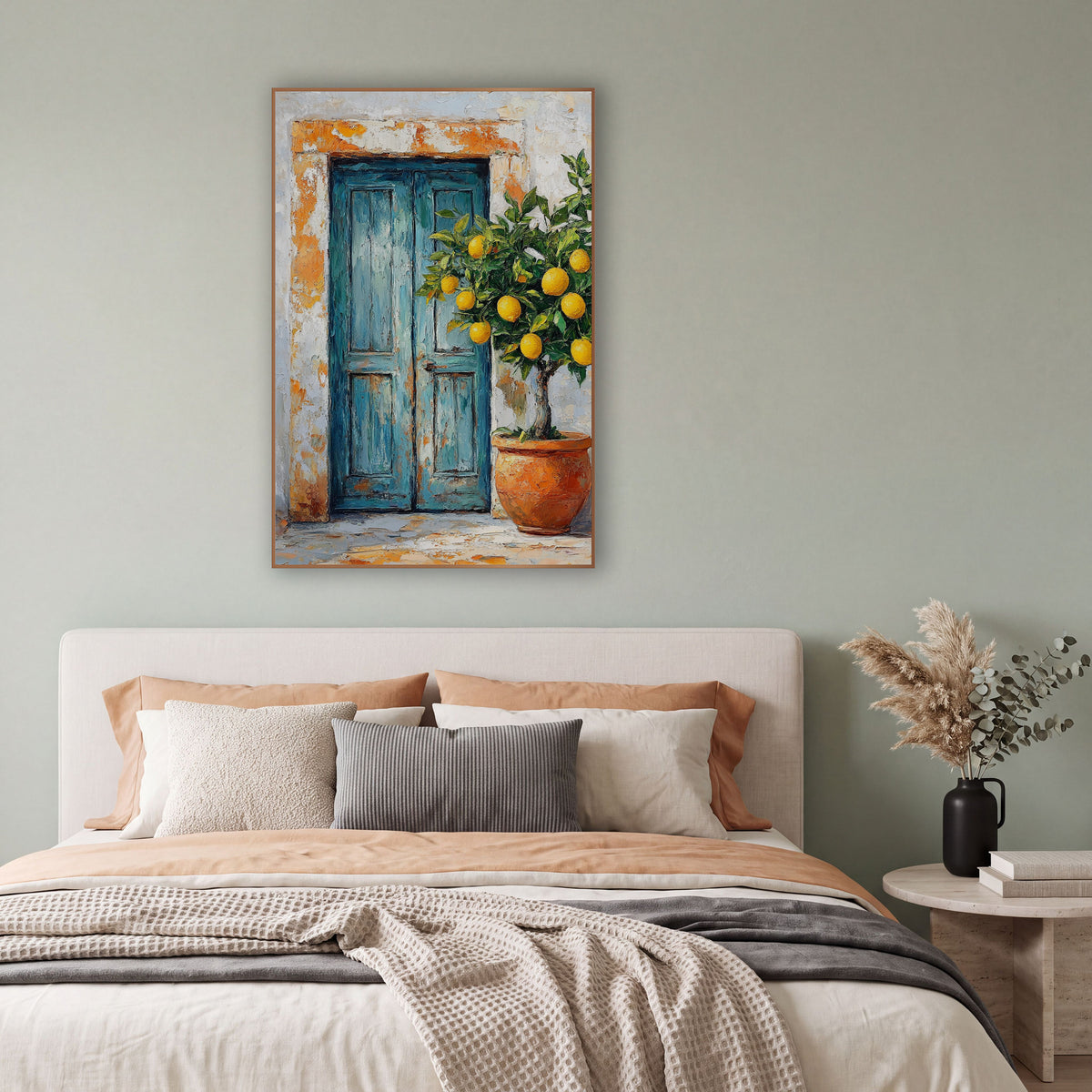 Rectangular Blue Door Lemon Rustic wall art in a bright coastal-style room – weathered teal double door with orange