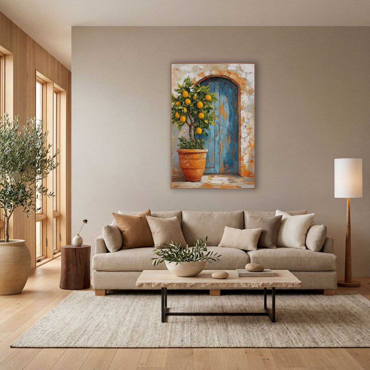 Arched Blue Door Lemon Farmhouse wall art in a bright coastal-style room – potted lemon tree with yellow fruit