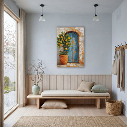 Arched Blue Door Lemon Farmhouse wall art in a bright coastal-style room – potted lemon tree with yellow fruit