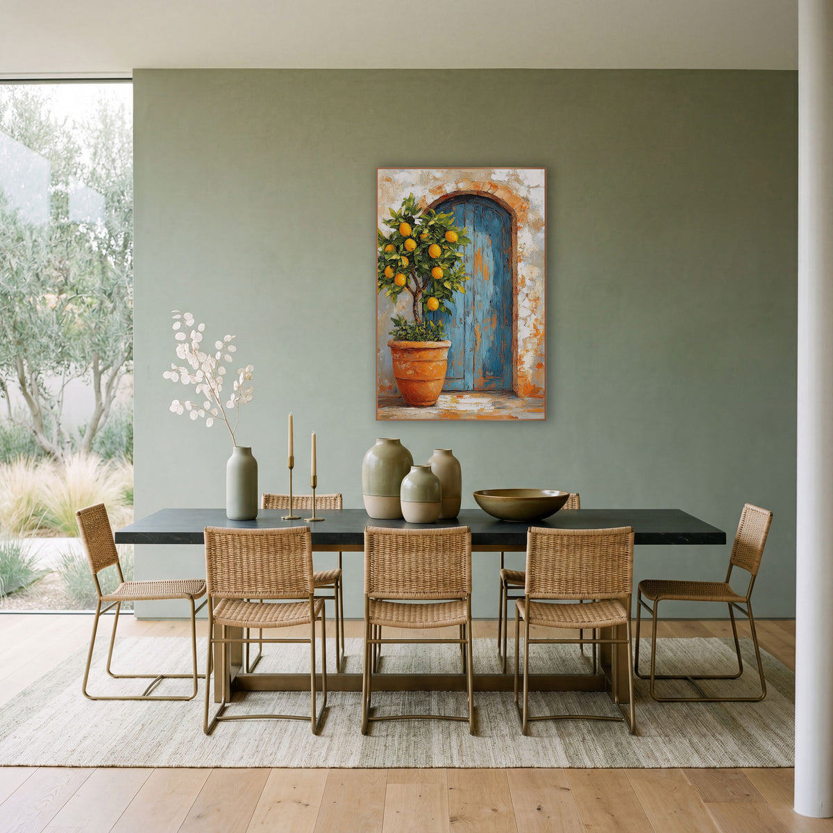 Arched Blue Door Lemon Farmhouse wall art in a bright coastal-style room – potted lemon tree with yellow fruit