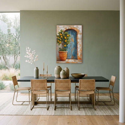 Arched Blue Door Lemon Farmhouse wall art in a bright coastal-style room – potted lemon tree with yellow fruit