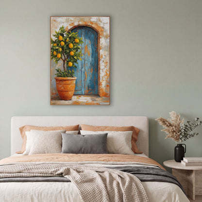 Arched Blue Door Lemon Farmhouse wall art in a bright coastal-style room – potted lemon tree with yellow fruit