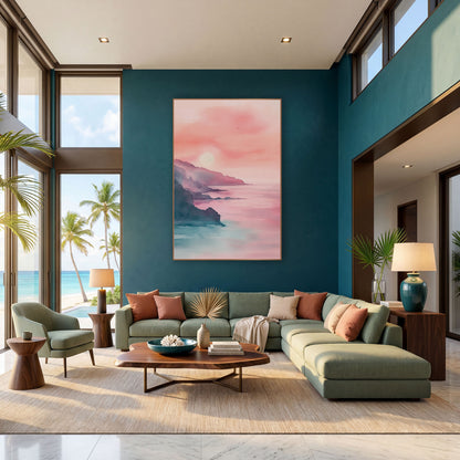 Rosy Coastal Cliffs Seascape Watercolor Look wall art in a bright coastal-style room – soft watercolor-style coastal