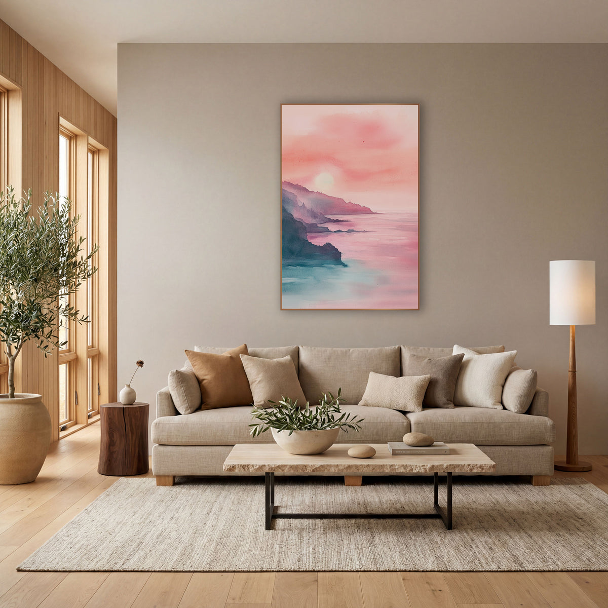 Rosy Coastal Cliffs Seascape Watercolor Look wall art in a bright coastal-style room – soft watercolor-style coastal
