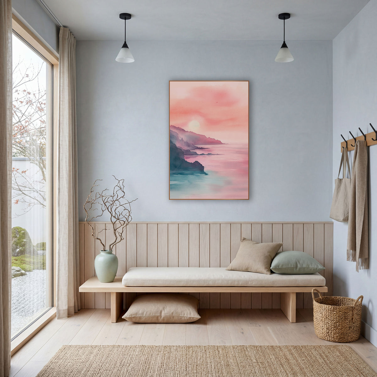 Rosy Coastal Cliffs Seascape Watercolor Look wall art in a bright coastal-style room – soft watercolor-style coastal