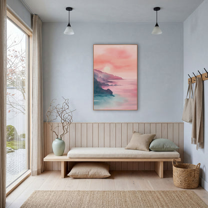 Rosy Coastal Cliffs Seascape Watercolor Look wall art in a bright coastal-style room – soft watercolor-style coastal