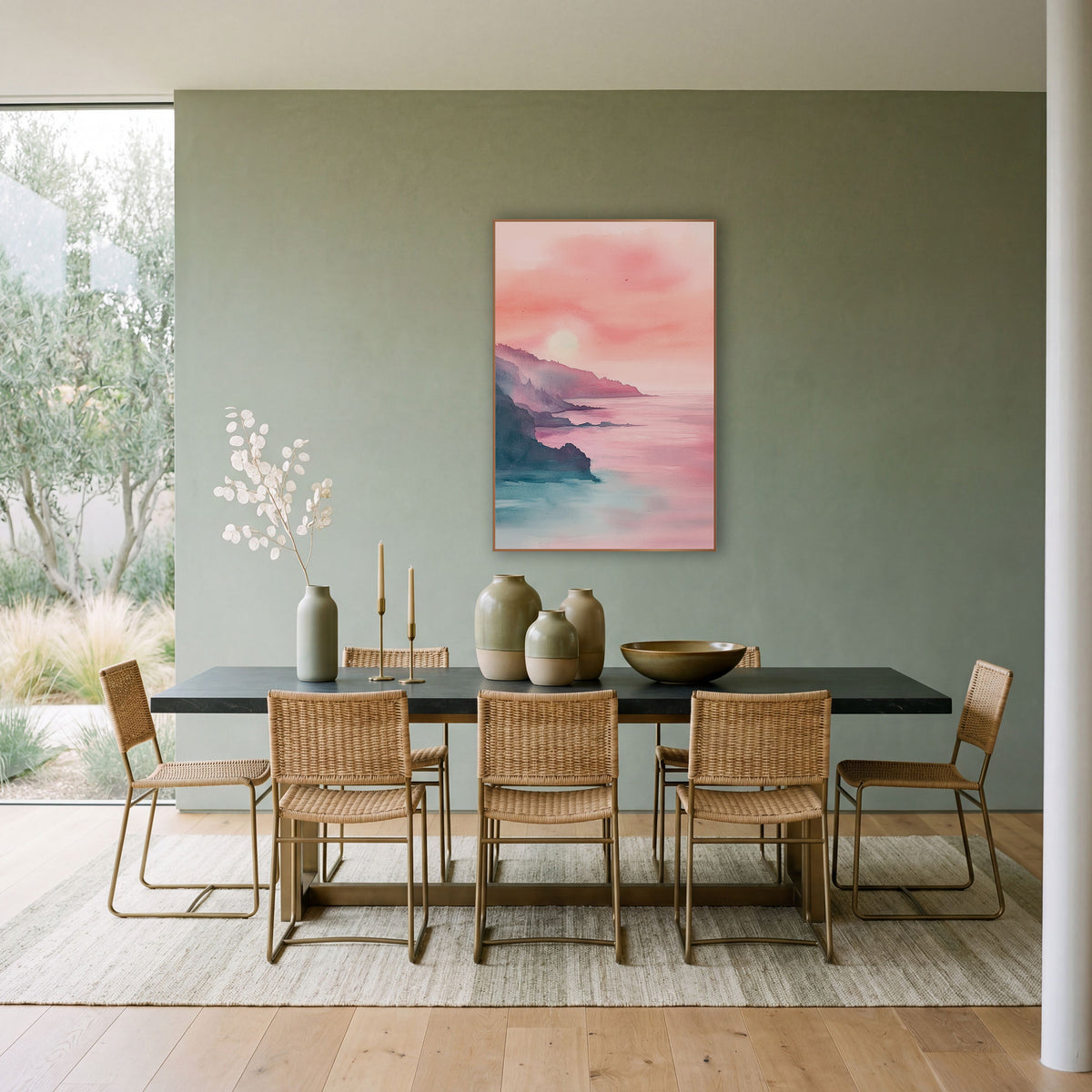 Rosy Coastal Cliffs Seascape Watercolor Look wall art in a bright coastal-style room – soft watercolor-style coastal