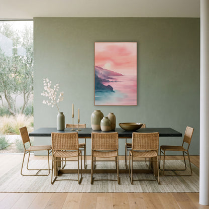 Rosy Coastal Cliffs Seascape Watercolor Look wall art in a bright coastal-style room – soft watercolor-style coastal