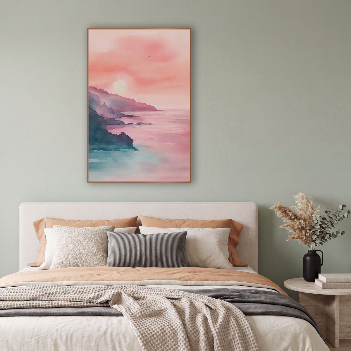 Rosy Coastal Cliffs Seascape Watercolor Look wall art in a bright coastal-style room – soft watercolor-style coastal