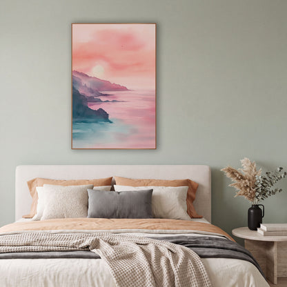 Rosy Coastal Cliffs Seascape Watercolor Look wall art in a bright coastal-style room – soft watercolor-style coastal