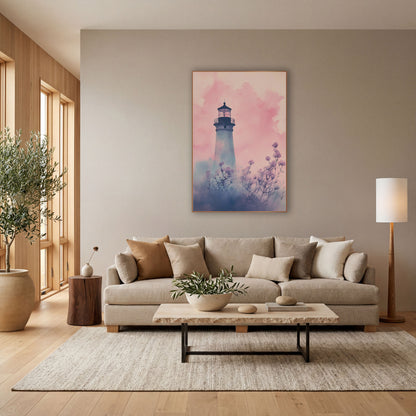 Blush Lighthouse Floral Coastal Watercolor wall art in a bright coastal-style room – watercolor-style lighthouse in