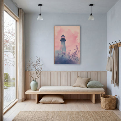 Blush Lighthouse Floral Coastal Watercolor wall art in a bright coastal-style room – watercolor-style lighthouse in