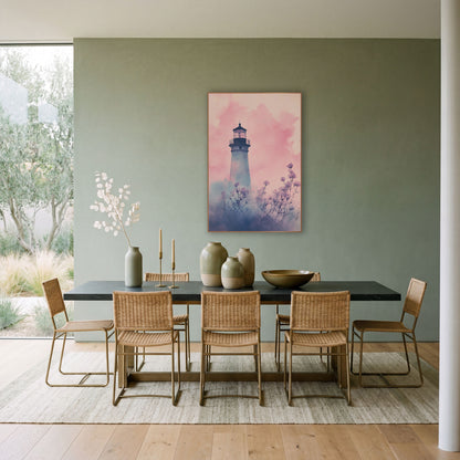 Blush Lighthouse Floral Coastal Watercolor wall art in a bright coastal-style room – watercolor-style lighthouse in