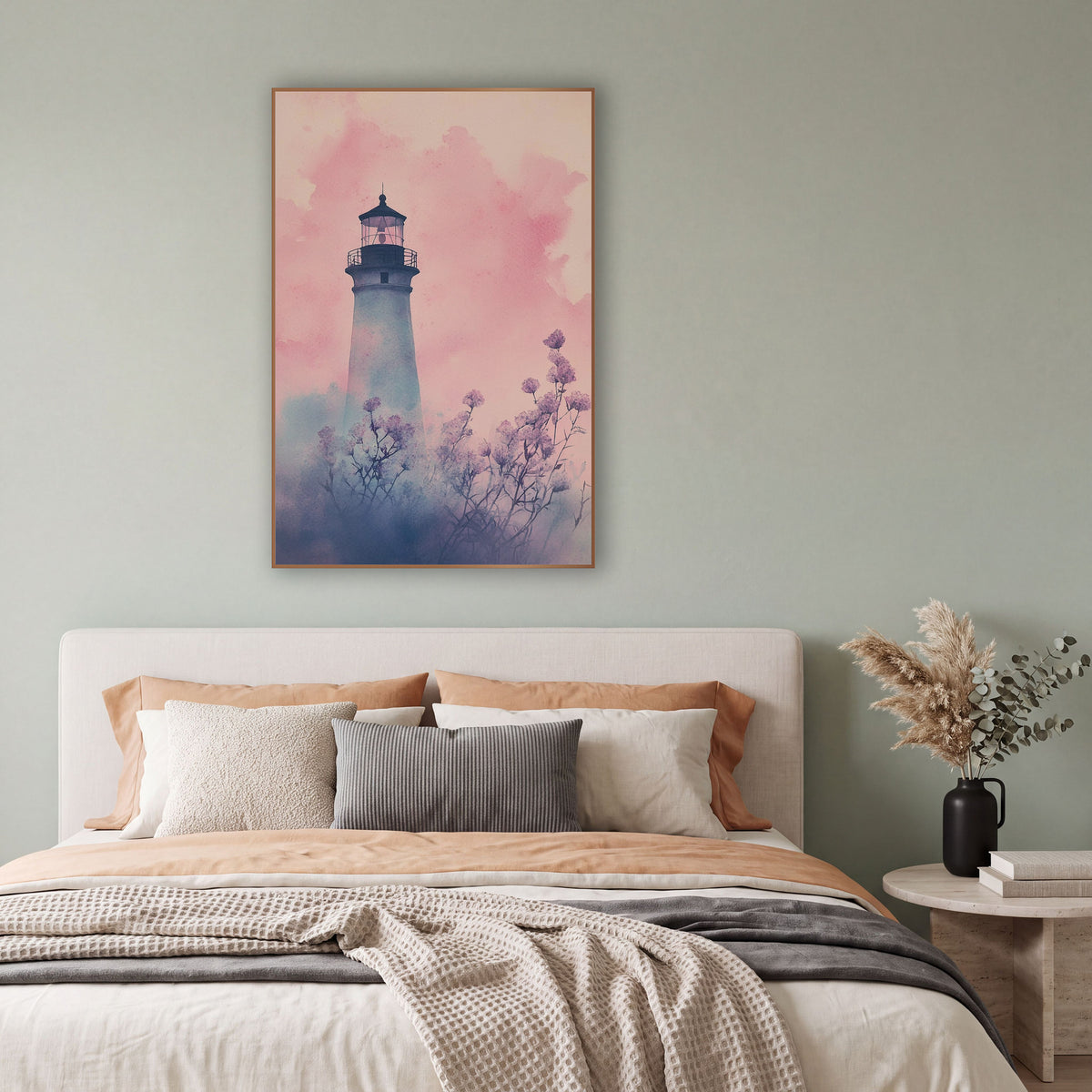 Blush Lighthouse Floral Coastal Watercolor wall art in a bright coastal-style room – watercolor-style lighthouse in