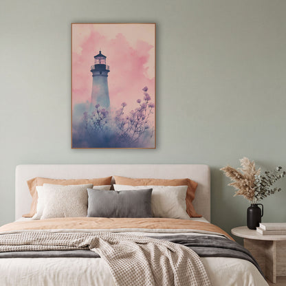 Blush Lighthouse Floral Coastal Watercolor wall art in a bright coastal-style room – watercolor-style lighthouse in