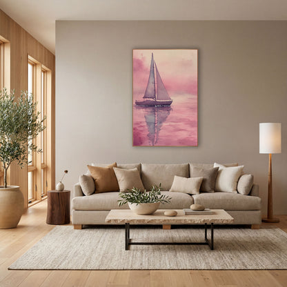 Lone Sailboat Mirror Calm Coastal wall art in a bright coastal-style room – sailboat with two gray sails on calm water
