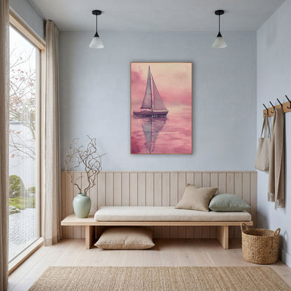 Lone Sailboat Mirror Calm Coastal wall art in a bright coastal-style room – sailboat with two gray sails on calm water