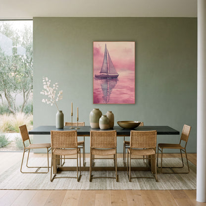 Lone Sailboat Mirror Calm Coastal wall art in a bright coastal-style room – sailboat with two gray sails on calm water