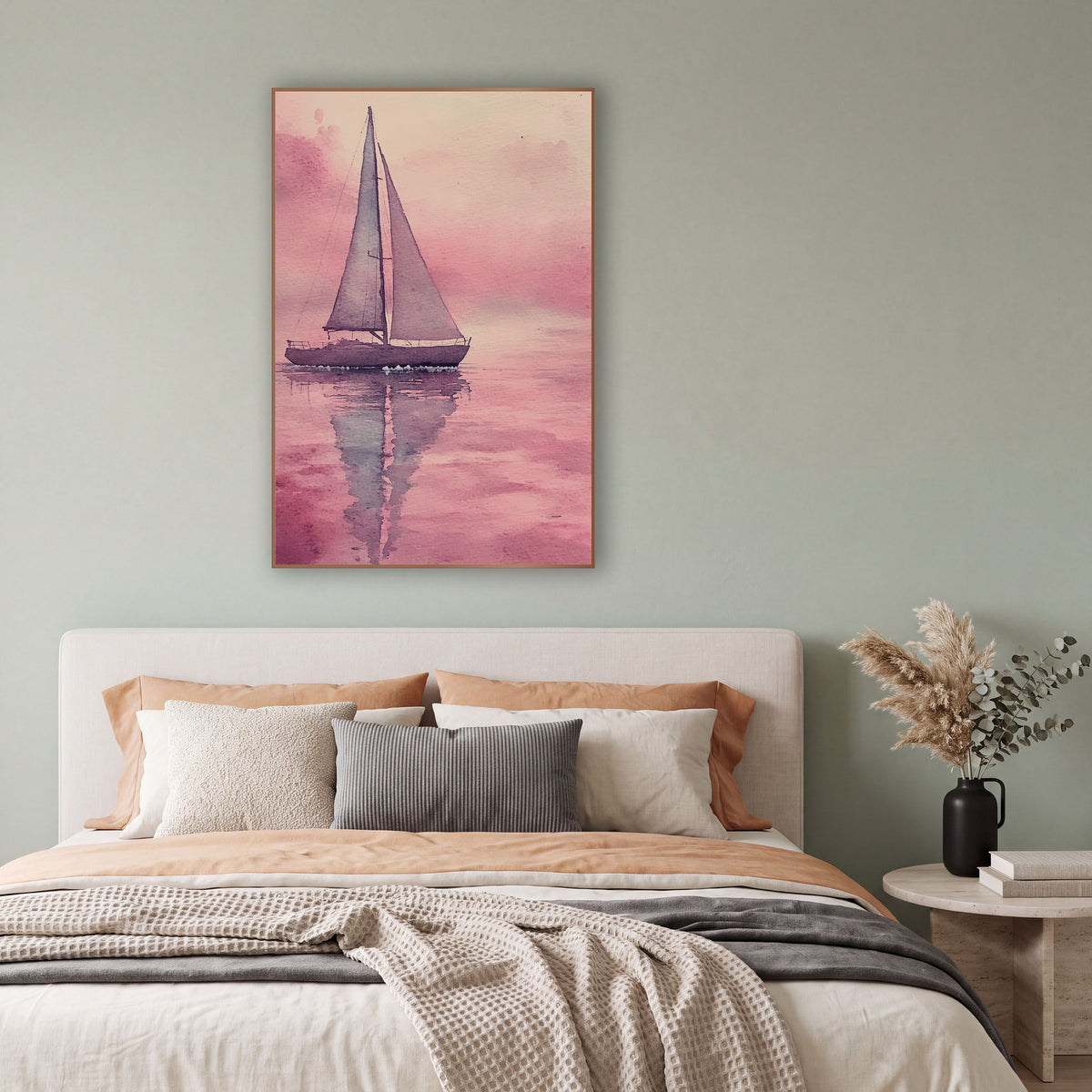 Lone Sailboat Mirror Calm Coastal wall art in a bright coastal-style room – sailboat with two gray sails on calm water