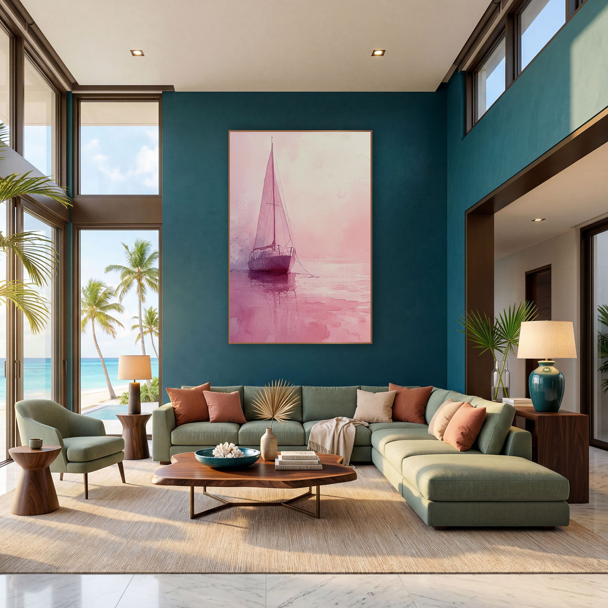 Blush Pink Sailboat Coastal Watercolor wall art in a bright coastal-style room – watercolor-style sailboat with tall