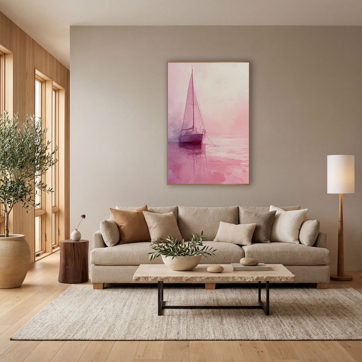 Blush Pink Sailboat Coastal Watercolor wall art in a bright coastal-style room – watercolor-style sailboat with tall