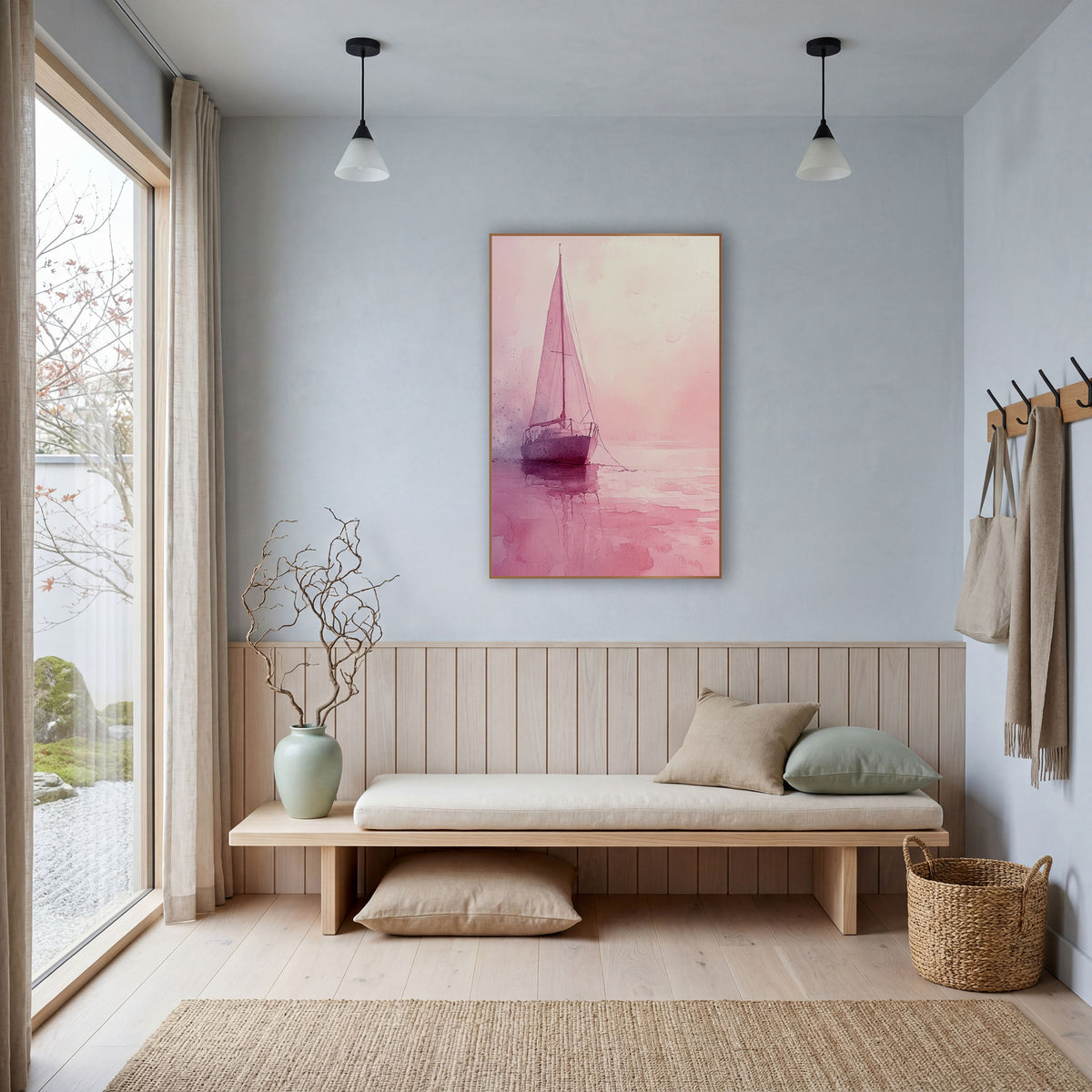 Blush Pink Sailboat Coastal Watercolor wall art in a bright coastal-style room – watercolor-style sailboat with tall