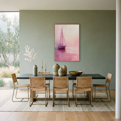 Blush Pink Sailboat Coastal Watercolor wall art in a bright coastal-style room – watercolor-style sailboat with tall