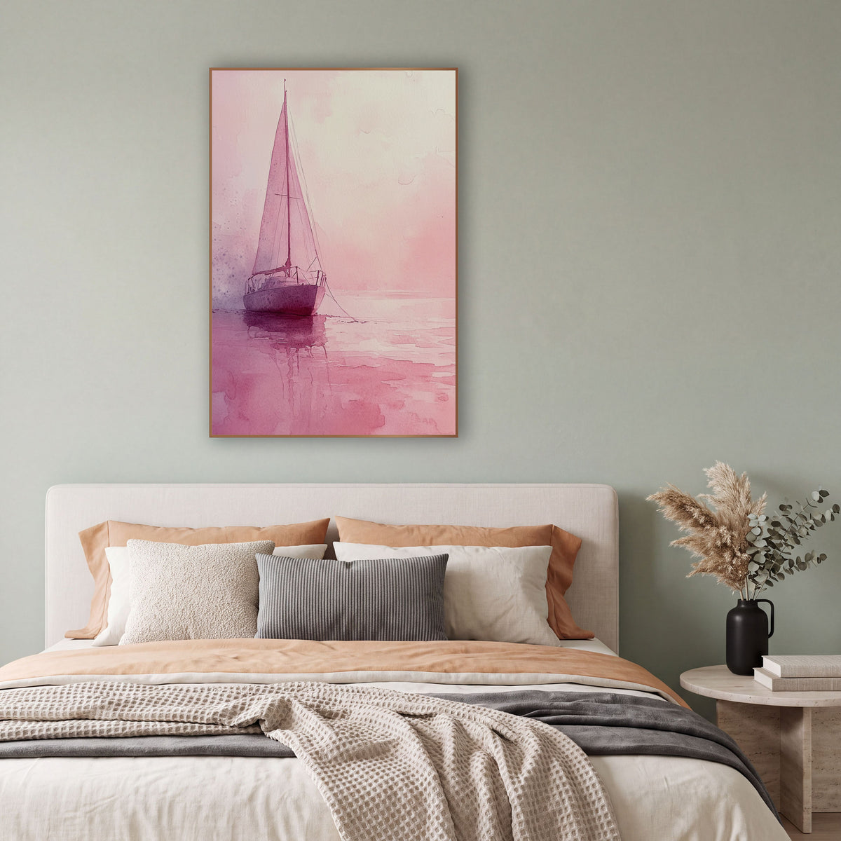 Blush Pink Sailboat Coastal Watercolor wall art in a bright coastal-style room – watercolor-style sailboat with tall