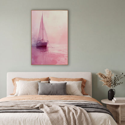 Blush Pink Sailboat Coastal Watercolor wall art in a bright coastal-style room – watercolor-style sailboat with tall