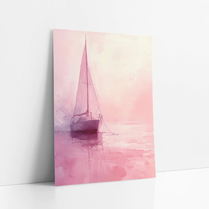 Blush Pink Sailboat Coastal Watercolor art print leaning against a white wall – watercolor-style sailboat with tall pink