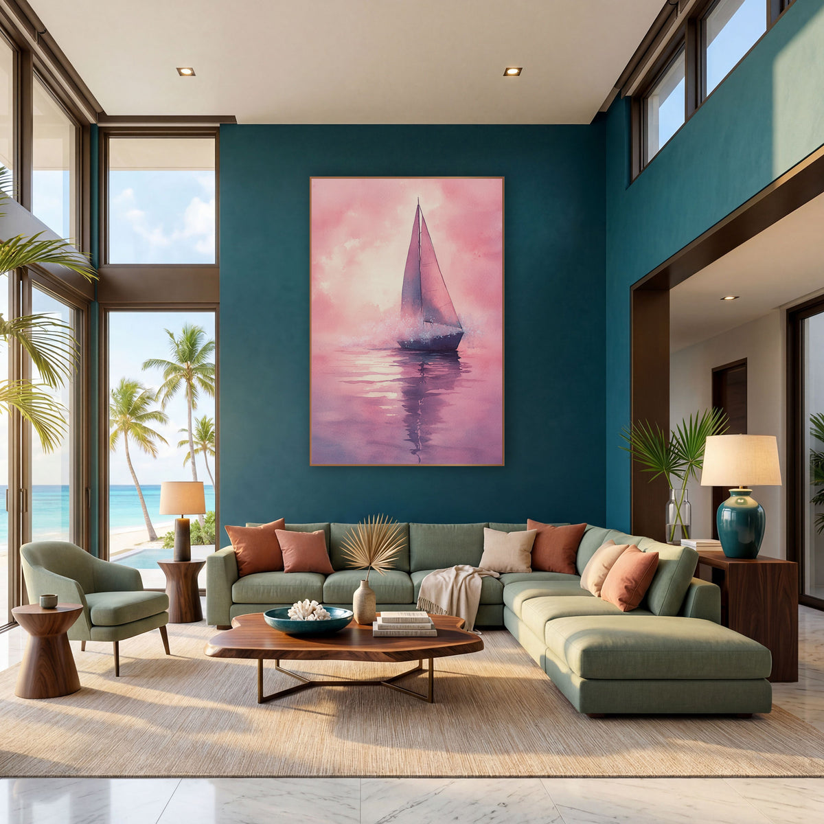 Sparkling Sailboat Spray Dreamy Coastal wall art in a bright coastal-style room – watercolor-style sailboat with two