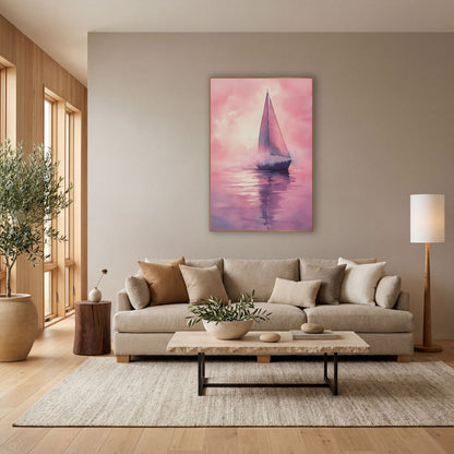 Sparkling Sailboat Spray Dreamy Coastal wall art in a bright coastal-style room – watercolor-style sailboat with two