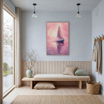 Sparkling Sailboat Spray Dreamy Coastal wall art in a bright coastal-style room – watercolor-style sailboat with two