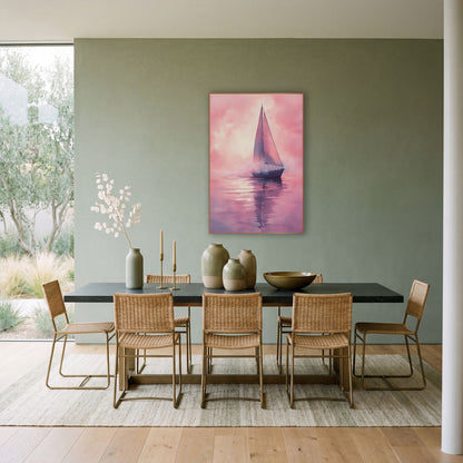 Sparkling Sailboat Spray Dreamy Coastal wall art in a bright coastal-style room – watercolor-style sailboat with two