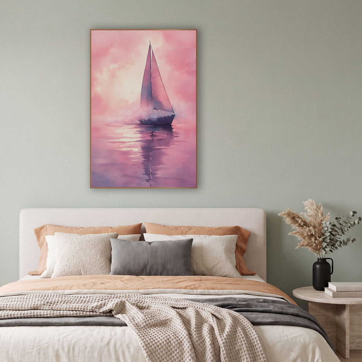 Sparkling Sailboat Spray Dreamy Coastal wall art in a bright coastal-style room – watercolor-style sailboat with two